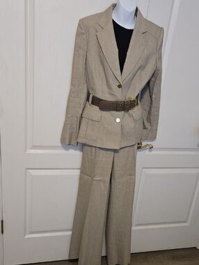 ANTONIO MELANI Women's Tan Linen-Blend 2-piece Jacket & Slacks - SZ 14